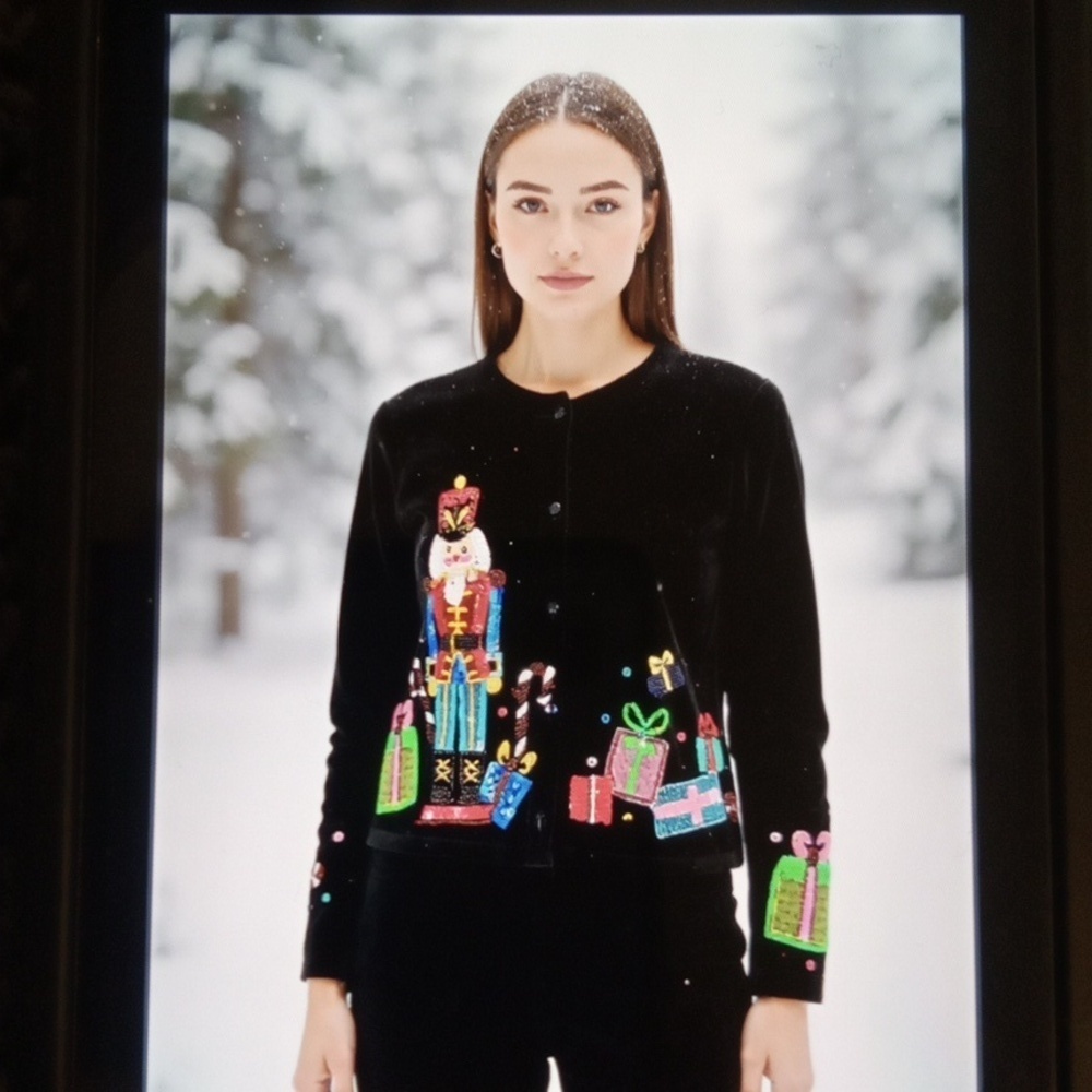 Michael Simon Black Velvet Jacket with Festive Nutcracker and Gifts Womens Small